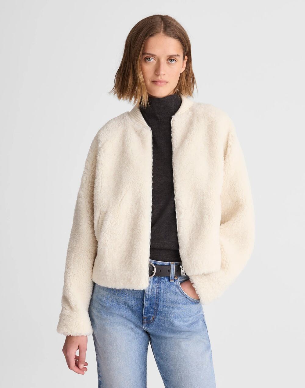 Madewell Women's Bomber Jacket in Sherpa Long Sleeves Ivory Size Small NWT